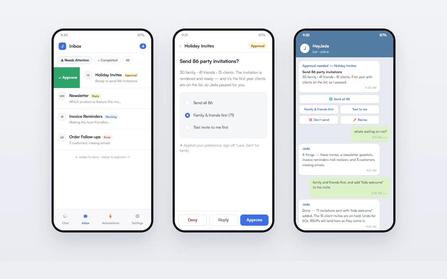 HeyJada on mobile: swipe-to-approve inbox, the decision screen, and full Telegram control